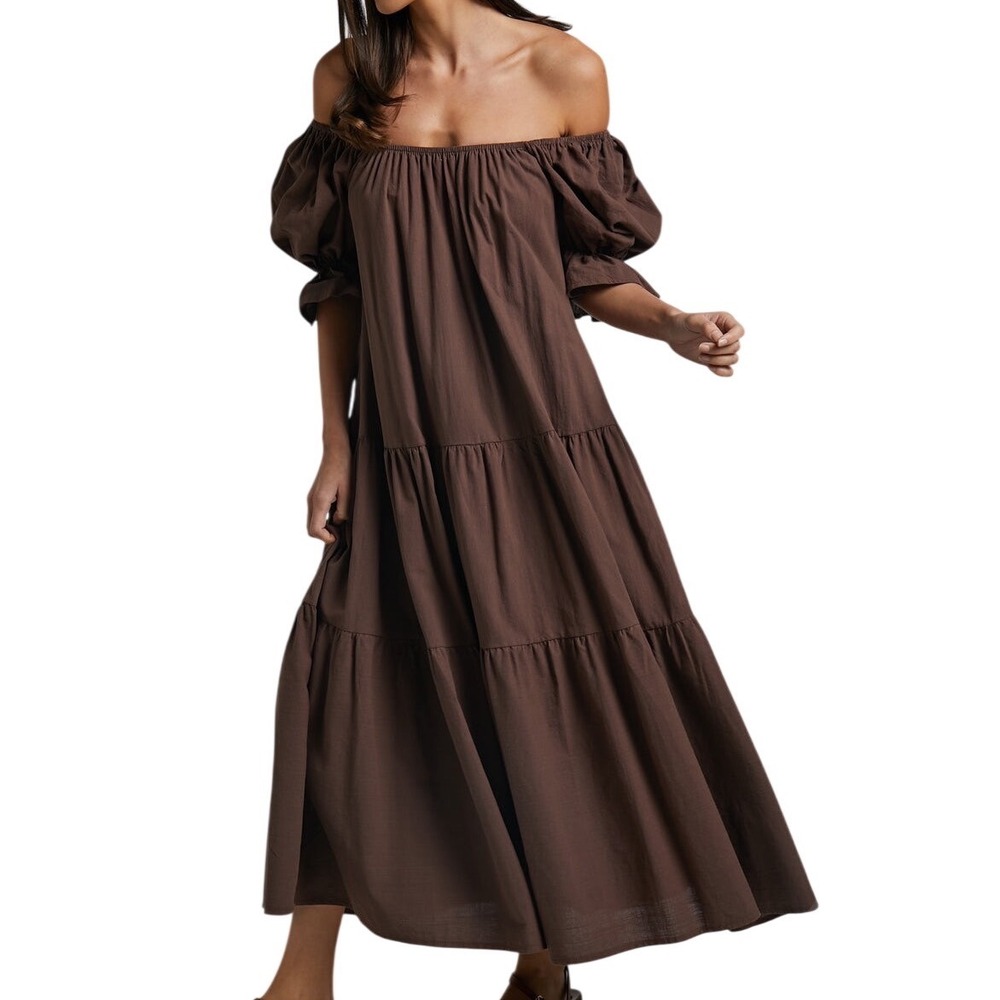 Showpo Zaharrah Brown Off Shoulder Tiered Midi Dress US 4 - Picture 9 of 9
